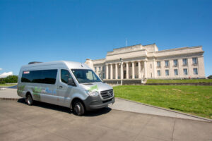 Mercedes bus at Auckland museum on an Auckland city tour
